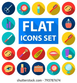Makeup and cosmetics flat icons in set collection for design. Makeup and equipment vector symbol stock web illustration.