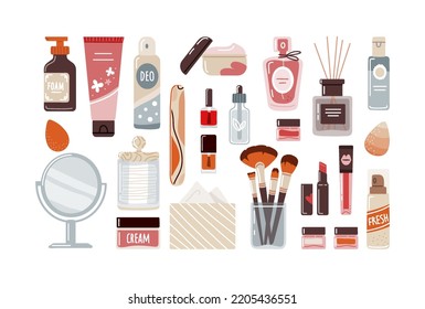 Makeup cosmetics in flat style top view on white background.Perfume,brushes for makeup,eye shadows in small jars,lipstick,tissue box with cotton pads.Vector illustration