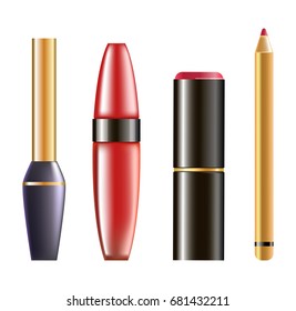 Makeup cosmetics in glossy bottles, isolated illustration set