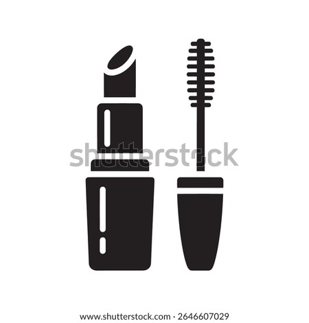 Makeup cosmetics icon with lipstick and mascara for a female beauty and fashion application to create a glamorous style for women vector solid glyph icon