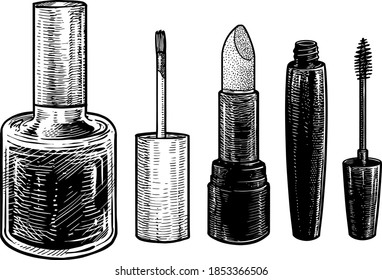 Makeup and cosmetics illustration, drawing, engraving, ink, line art, vector