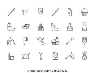 makeup cosmetics jewelry feminine things icons set line style vector illustration