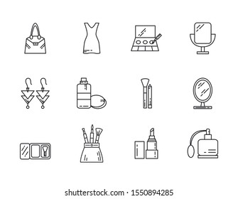 makeup cosmetics jewelry feminine things icons set line style vector illustration