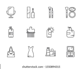 makeup cosmetics jewelry feminine things icons set line style vector illustration