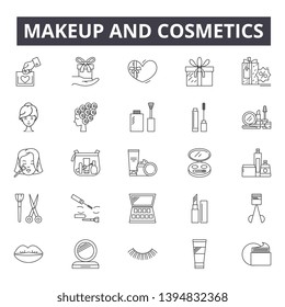 Makeup and cosmetics line icon signs. Linear vector outline illustration set concept.