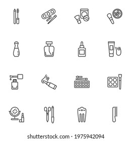 Makeup cosmetics line icons set, beauty and fashion outline vector symbol collection, linear style pictogram pack. Signs logo illustration. Set includes icons as mascara, lipstick, perfume, hair brush