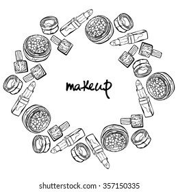 Makeup. Cosmetics: lipstick, nail polish, powder, eye shadow. Round frame - wreath. Isolated object on white background.