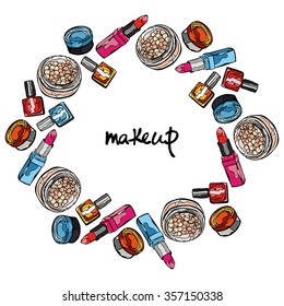 Makeup. Cosmetics: lipstick, nail polish, powder, eye shadow. Round frame - wreath. Isolated object on white background.