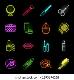 Makeup and cosmetics neon icons in set collection for design. Makeup and equipment vector symbol stock web illustration.