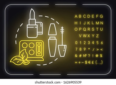Makeup, cosmetics neon light concept icon. Lipstick, mascara and eye shadow, beauty products idea. Outer glowing sign with alphabet, numbers and symbols. Vector isolated RGB color illustration