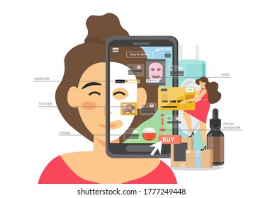 Tienda online de maquillaje y cosméticos, ilustración plana vectorial. Mujer haciendo compras de máscaras de hojas, crema, parches para los ojos, rímel, masajeador facial. Productos de belleza y cuidado de la piel en línea, comercio electrónico.