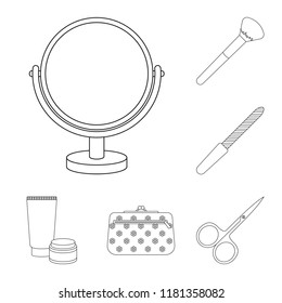 Makeup and cosmetics outline icons in set collection for design. Makeup and equipment vector symbol stock web illustration.