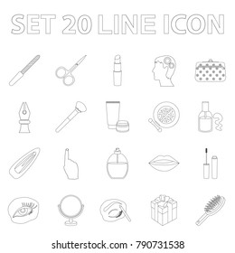 Makeup and cosmetics outline icons in set collection for design. Makeup and equipment vector symbol stock web illustration.