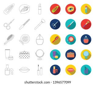 Makeup and cosmetics outline,flat icons in set collection  design. Makeup and equipment vector symbol stock web illustration.