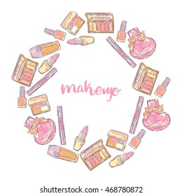 Makeup. Cosmetics: perfume, eye shadow, blush, lipstick, mascara, nail polish, foundation. Frame - wreath.  