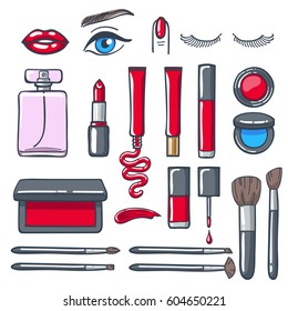 Make-up cosmetics products icons set. Lip gloss, lipstick, false eyelashes, eyeshadow, blush, nail polish and brushes. Hand drawn beauty vector illustration. Good for ads design.