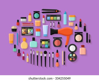 Makeup and cosmetics products and tools with lipstic makeup brushes eyeshadow mascara. Flat style vector illustration