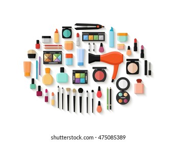 Makeup and cosmetics products and tools with lipstic makeup brushes eyeshadow mascara isolated on white background