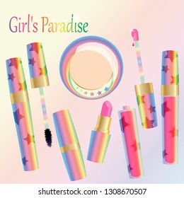 Makeup cosmetics rainbow set with stars. Lipstick, powder compact, mascara, gloss. Vector.