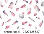 Makeup and cosmetics seamless pattern background with different cosmetic and skincare products, realistic 3D vector illustration isolated on white background.