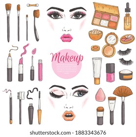 Makeup cosmetics set with beautiful female faces, sketch hand drawn vector illustration isolated on white background. Makeup supplies and visage cosmetic collection.