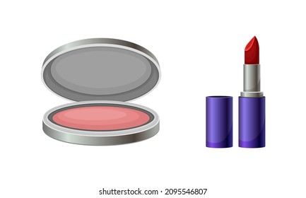 Makeup cosmetics set. Blush and lipstick vector illustration