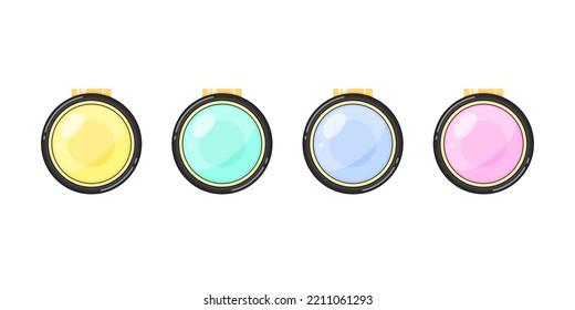 Makeup cosmetics set. Cartoon illustration of four circle containers with pastel eyeshadows isolated on a white background. Vector 10 EPS.