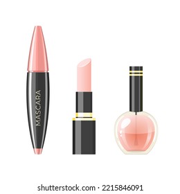 Equipo de cosméticos de maquillaje. Dibujo de caricatura de un tubo de rímel, palo de labio rosado y botella de esmalte de uñas beige aislada en un fondo blanco. Vector 10 EPS.