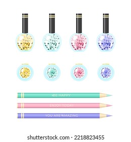 Makeup Cosmetics Set. Cartoon Illustration Of Bottles Of Sparkle Nail Polish, Eye Shadow Cases And Pastel Eyeliner Pencils Isolated On A White Background. Vector 10 EPS.