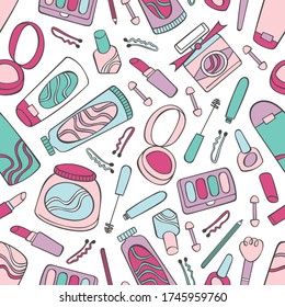 Makeup. Cosmetics set. Creams and mask face. Powder, eyeshadow, lipstick, mascara. Seamless vector pattern (background). Cartoon print. 