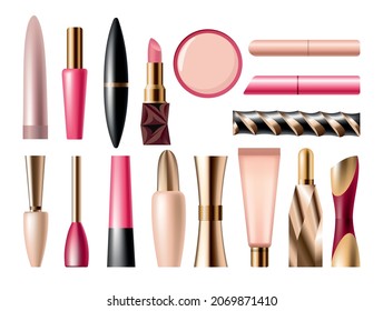 Makeup cosmetics set of different packages. Isolated beauty products and facial decorative cosmetics tools. Blank template of containers for eyeliner, lipstick, powder, foundation and mascara