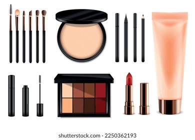 Maquillaje y cosméticos con eyeshadow y eyeliner ilustraciones vectoriales aisladas realistas