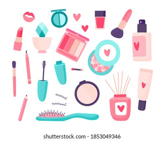 Makeup cosmetics set. Foundation, powder, mascara, lipstick, perfume, eyeshadow palette, blush, brushes, comb, lip gloss, pencil, nail polish. 
 Vector illustration.