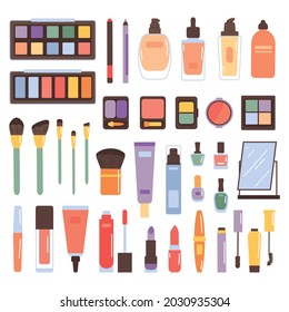 Makeup cosmetics set isolated on white background. Cosmetics for mascaras, brushes, shadows, powder, varnishes, eyebrow pencil, lipstick, foundation.Beauty products. Vector illustration in flat style.