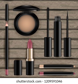 Makeup cosmetics set on wood background. Eye shadow, eyeliner, gold red lipstick, powder compact, mascara, pencil. Realistic template of containers.  Vector illustration.