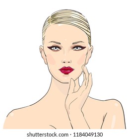 Makeup, cosmetics. Stylish original hand-drawn graphics portrait with beautiful young attractive girl model for design. Fashion, style, beauty . Graphic, sketch drawing. Sexy woman
