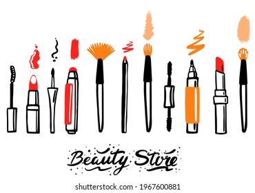 Makeup cosmetics tools background and cosmetics for beauty. Isolated cosmetics and face cosmetics packaging lipstick, eye shadow, brushes. doodle style. beauty. vector illustration