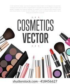 Makeup cosmetics tools background and beauty cosmetics. Isolated cosmetics products and facial cosmetics package lipstick, eyeshadow. 