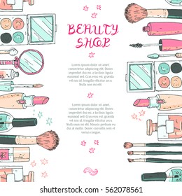 Makeup cosmetics tools background and beauty cosmetics. Isolated cosmetics products and facial cosmetics package lipstick, eyeshadow. Design template.