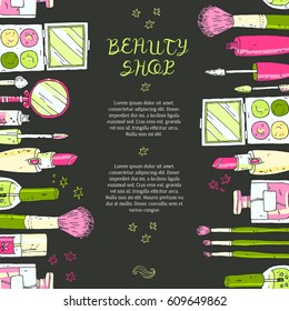 Makeup cosmetics tools background and beauty cosmetics. Isolated cosmetics products and facial cosmetics package lipstick, eyeshadow. Design template.