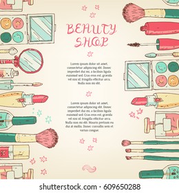 Makeup cosmetics tools background and beauty cosmetics. Isolated cosmetics products and facial cosmetics package lipstick, eyeshadow. Design template.