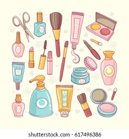 Makeup cosmetics tools and beauty cosmetics. Freehand drawing