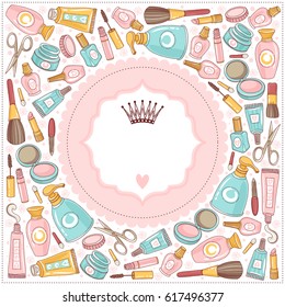 Makeup cosmetics tools and beauty cosmetics. Template for cards or invitations. Freehand drawing