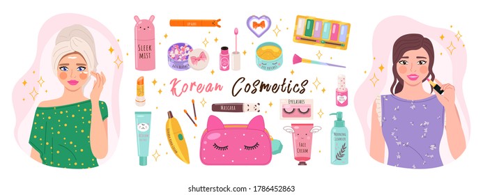 Makeup cosmetics tools and Korean cosmetics. Beauty products collection.Toner, cream, lotion, eye patches, serum, lipstick, nail polish, powder, toothpaste and a beautiful woman does facial skin care