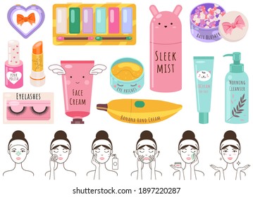 Makeup cosmetics tools and Korean cosmetics. Beauty products and the girl shows proper skin care. Sleek mist, lotion, eye patches, bag, lipstick, nail polish, powder, eyelashes, face and hand cream