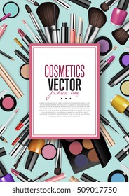 Makeup cosmetics vector. Female beauty product, decorative makeup cosmetics seamless pattern with advertisement border illustration. Creative design template for promotion placard, banner, cover
