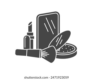 Maquillaje y cosméticos. Conjunto de Vector de iconos de color negro. Lápiz labial, polvo, espejo, cepillo facial.