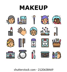 Makeup Cosmetology Procedure Icons Set Vector. Lipstick And Brush, Mascara And Powder Fashion Makeup Accessory, Eyebrow And Facial Cosmetic Line. Spa Salon Treatment Color Illustrations