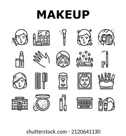 Makeup Cosmetology Procedure Icons Set Vector. Lipstick And Brush, Mascara And Powder Fashion Makeup Accessory, Eyebrow And Facial Cosmetic Line. Spa Salon Treatment Black Contour Illustrations