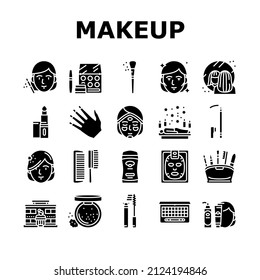 Makeup Cosmetology Procedure Icons Set Vector. Lipstick And Brush, Mascara And Powder Fashion Makeup Accessory, Eyebrow And Facial Cosmetic . Spa Salon Treatment Glyph Pictograms Black Illustrations